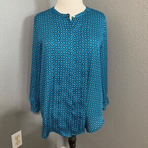 Liz Claiborne Blouse Women's Size Medium Teal Blue Patterned 3/4 Sleeve Paisley